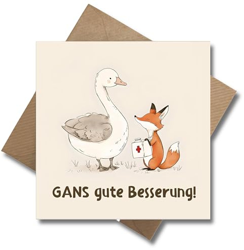WBdesignz Genesungskarte mit Umschlag - Gans gute Besserung Karte Gute Besserung - Genesung Karte Gesundheit Besserungswünsche Fuchs Gans (125 x 125 mm)
