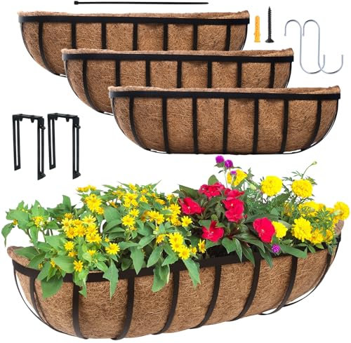 DUNCHATY Fönsterlåda för räcke – 4-pack 61 cm hästtråg planterare med kokosfiberfoder – däck balkongräls planterare för veranda staket uteplats utomhus