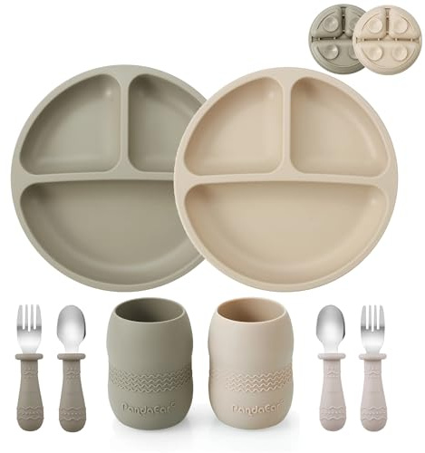 PandaEar Set di Alimentazione in Silicone per Bambini | 2 Piatti Divisi con Ventosa in Silicone e 2 Bicchieri Piccoli con 2 Cucchiai e 2 Forchette | Utensili per Autosvezzamento