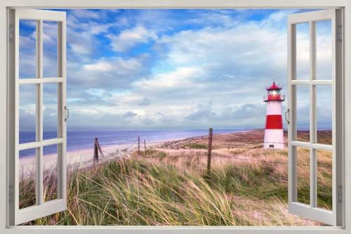 HUBDECO - Wandtattoo - Wanddeko - Selbstklebende Folie - Wandsticker - Fototapete 3d Effekt - Selbstklebende Tapete - Fenster & Meer Motiv - Meer Leuchtturm - 120x80cm