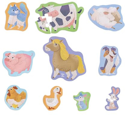 Hape Bauernhof-Puzzle - Kinderpuzzle mit Bauernhoftieren, beinhaltet 10 entzückende Bauernhoftier-Puzzles, Lernspielzeug für Kleinkinder, fördert Motorik und Konzentration, für Kinder ab 2 Jahren
