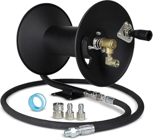 Pressure Washer Reel 100 FT, 4000 PSI Power Washer Storage Rack, Fits 3/8 Size, Equipped with Full Accessories, Easy Assembly Required (Black Hose Reel)