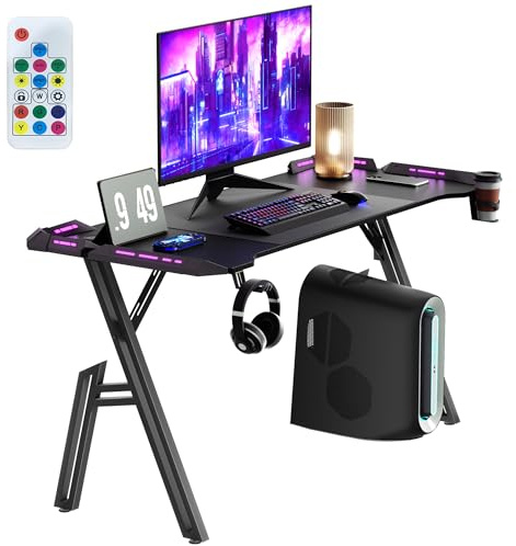 SUBTLETY Escritorios Gaming 140x60cm A-Frame Mesas de Ordenador con Portavasos y Auriculares Soporte Mesa Ergonómico Capacidad de Carga hasta 100KG Tableros de Juegos para Oficina Estudio