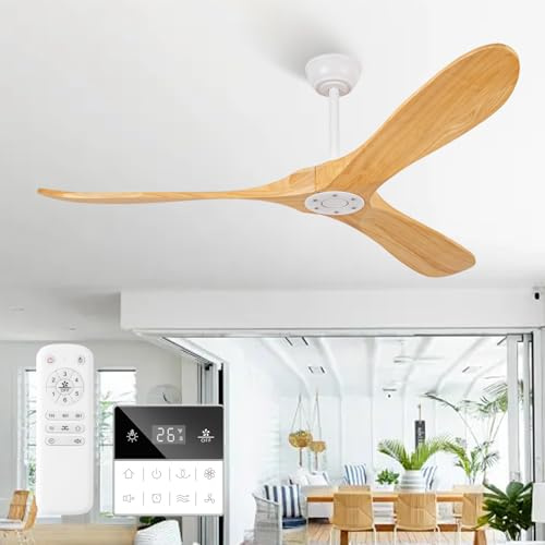 Benicefun 60 Inch Natural Wood White Ceiling Fan No Light,Propeller Outdoor Ceiling Fans Without Lights with Wall Switch and Remote Control,Quiet DC Motor,3 Blades Ceiling Fan for Patios,Pavilion