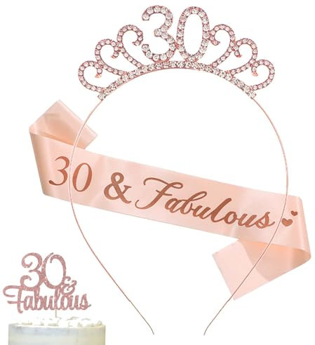 30th Birthday Sash and Crown Rose Gold Crystal Tiara for Women 30th birthday Hats 30th Birthday Decorations Women Birthday Gift Party Accessories