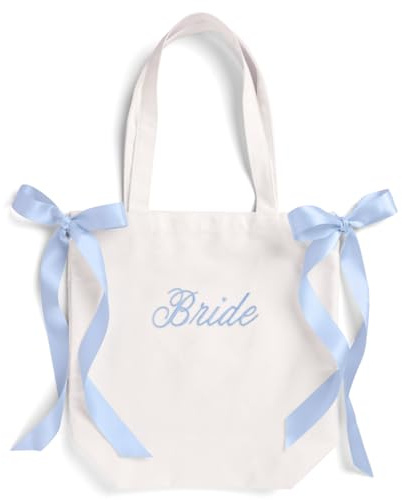 xo, Fetti White Bride Canvas Tote Bag, Blue Satin Bows | Bachelorette Party Decorations, Bride To Be Purse Accessory, Bridesmaid Gift, Bridal Shower Supplies, Engagement Party Favor