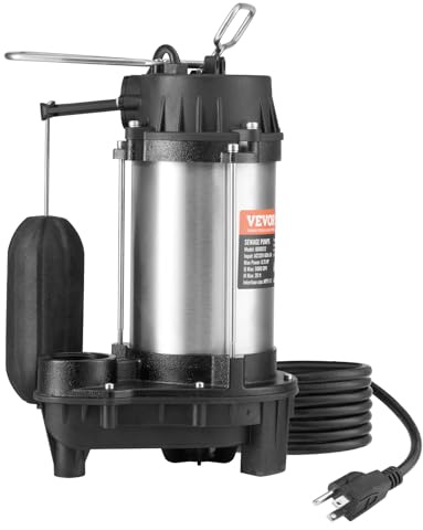 VEVOR - Pompe submersible pour eaux usées, 0,75 HP 5000 GPH, pompe à eau pour eaux usées en fonte avec levage de 8,5 m, câble d'alimentation de 10 pieds et interrupteur à flotteur