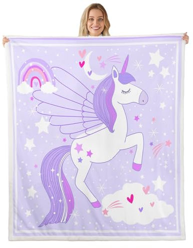 Loussiesd Lila Einhorn Decke 75x100cm für Kinder Mädchen Cute Rainbow Wohndecke Atmungsaktiv Glitter Star Kuscheldecke Love Heart Flanell Fleecedecke Weich