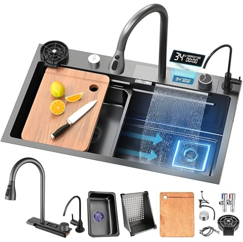 HZKSINNK Fregadero de Cocina de 1 Cubeta 80x45 cm, Negro cascada Fregadero de Acero Inoxidable, con Grifo Cocina Extraible, cesta de drenaje, sifón, rebosadero y desagüe así como otros accesorios