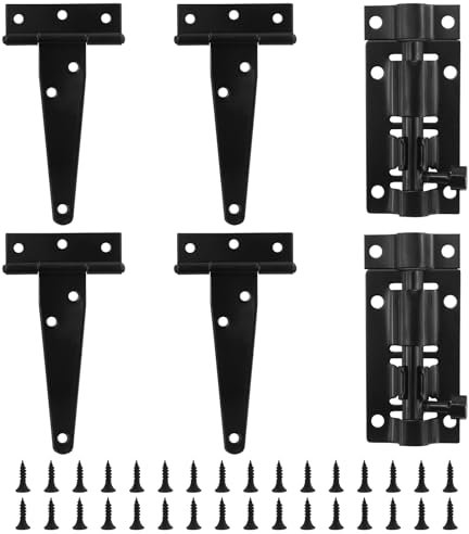Lot de 4 charnières de porte en T robustes en forme de T avec 2 poignées de porte et vis assorties, charnières en T en métal pour porte, fenêtre, clôture (noir)
