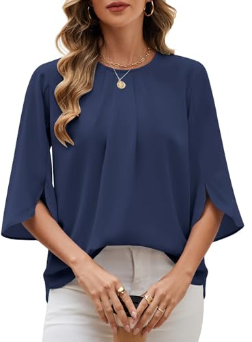 PASUDA Camicia Donna Elegante Manica a 3/4 Top Blusa a Girocollo in Chiffon Casual Camicetta Estiva Tinta Unita Manicotto Split Maglietta da Lavoro (Blu Marino, L)