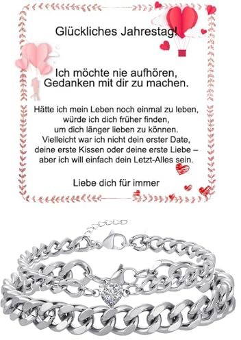 Fehki Edelstahl Paar Armband | Kubanische Kette verstellbar | Romantisches Geschenkset für Paare zum Valentinstag, Jahrestag & Geburtstag