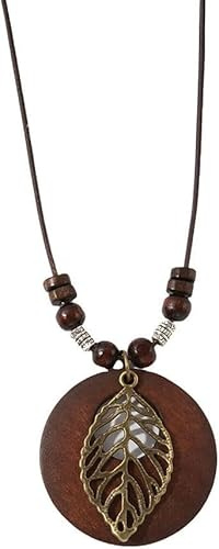 XFSRG Collier Femme Long Vintage Bohème avec Pendentif Feuille en Bois et Cordon en Cuir Bijoux Élégants pour Toutes Occasions