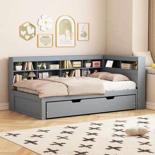 LIJBDDM Canapé-lit 90x200, gigogne 90x190 avec Prise USB et Multiples rangements, lit en Bois Massif, Multifonction en Bois (Gray + Wood + 90cm*200cm)