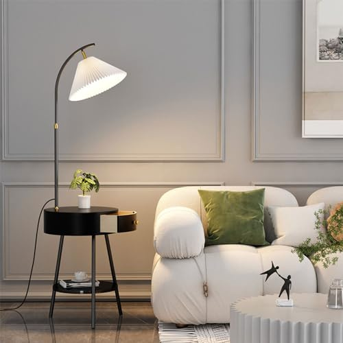 Leichte Stehlampe mit luxuriöser Atmosphäre, elegante Stehlampe mit Schublade, 180 ° verstellbarer Kopf, vertikale Lampe, plissierter Stoffschirm, Tischlampe, hohe Holzlampen, Nachttischlampen für den