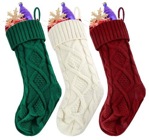 SONEER 3 Stück Nikolausstrumpf,Gestrickte Weihnachtsstrumpf, Rot/Weiß/Grün | Nikolaus Socken Hängende, Weihnachtssocken zum Befüllen für Kamin, Weihnachtsbaum, Weihnachtsdeko