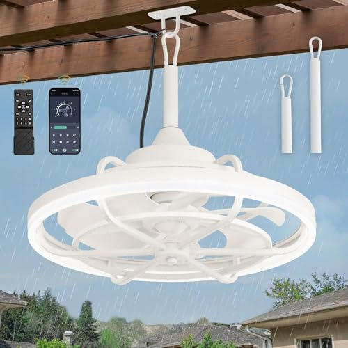 Ventilador de Techo Exterior Terraza con Luz IP65 Impermeable Lampara Ventilador Techo Silencioso LED Regulable Ventilador De Techo con Iluminación y Mando a Distancia para Outdoor Interior, Blanco