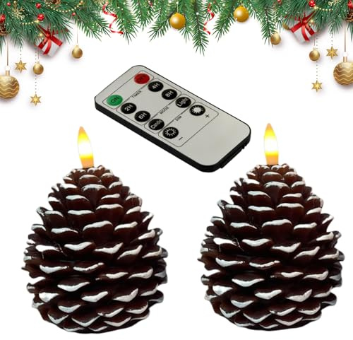 Candele senza fiamma, luci tremolanti a LED a forma di pigna, set di candele alimentate a batteria, funzione timer remoto, rivestimento in vera cera, perfette per matrimoni di Natale, decorazioni per