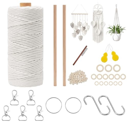KINDPMA Makramee Garn 3mm x 100m 4-Strang Natur Baumwollgarn Makramee Set für Anfänger - Häkelgarn Stricken Garn mit Holzringe und Holzperlen Zubehör für DIY-Projekte Hängepflanze Wandbehang (Beige)