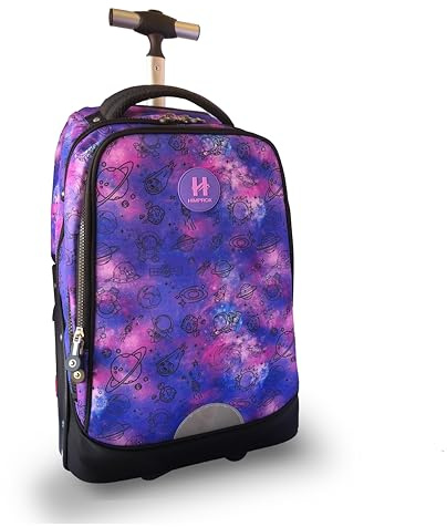 H Himprox Schulrucksack mit Rollen, Galaxie-Design, 40 l, 40 x 30 x 15 cm, Violett, mit Laptopfach von 38,1 cm (15 Zoll), leise, Räder