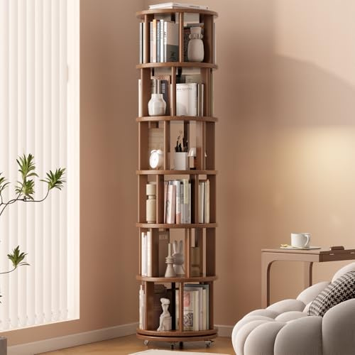 YQJJGL Drehbares Bücherregal, Massivholz, Standregal, 360 Grad, Bücherregal Kinder, für Wohnzimmer, Arbeitszimmer, Büro, 6 Ebenen (Walnuss)