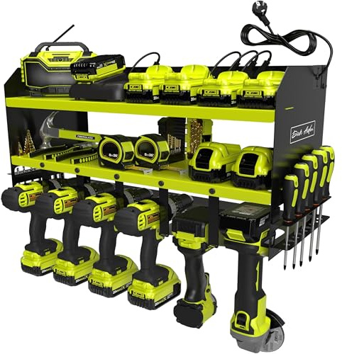 Toolganize Elektrowerkzeug-Organizer mit Steckdosenleiste & Ladestation, Schwerlast-Werkzeughalter für Werkstatt & Garage, 6-fach Halterung, Neongrün