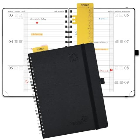 POPRUN Agenda 2026 2027 Dagsplanerare 22x16,5 cm, från Aug'26 - Dec'27, 17 Månader Skolkalender, Hårt Omslag med Spiralbindning, Papper 80 gsm,Svart