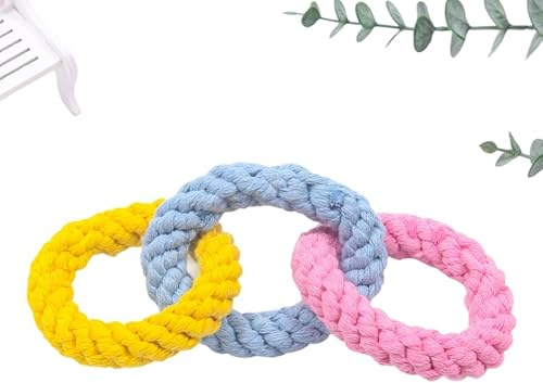 Braided Rope Dog Toy, Triple Ring Design, Cotton Tug Chew Toy for All Breeds, Interactive Pet Training, 9.25 Inch, Multi-Color (Yellow Blue Pink, Medium)