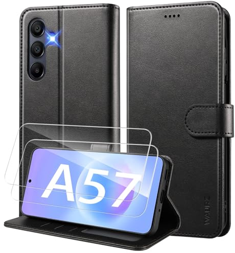 WAURZ Coque pour Samsung Galaxy A57 5G Portefeuille,Noir | Etui Cuir Pochette avec 2 Verre Trempé Porte Carte Antichoc, Housse à Rabat Clapet Magnétique Étui Protection RFID Flip Case