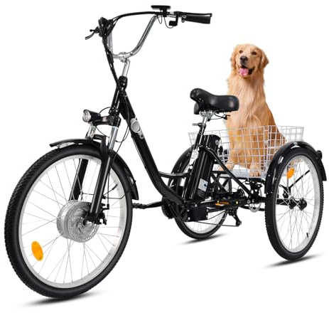 250W Elektro Dreirad für Erwachsene & Senioren, 36V 15Ah Akku E-Bike mit 50km Reichweite, Shimano 7-Gang, 24 Zoll Reifen, 3 Rad Fahrrad mit Korb, bis 180kg Belastbarkeit