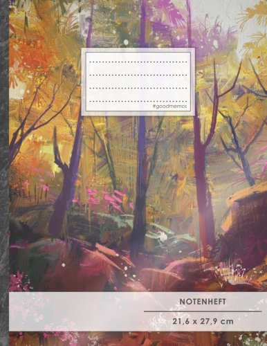 NOTENHEFT DIN A4 • 48 Seiten, 24 Blatt, 12 Systeme, „Forest“ • Original #GoodMemos Schulheft • Mit Register und Seitenzahlen, Notenlineatur 14