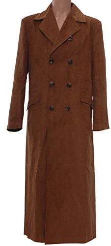 Pinlian Men's long Brown Artificial Suede Trench Coat Halloween Costume Male M