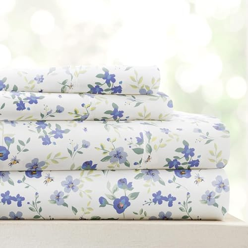 Linen Market 4 Piece King Sheet Set - Breathable, Double-Brushed Patterned Cooling Sheets – Oeko-TEX Certified Ultra Soft & Wrinkle-Free 16 Deep-Pocket King Sheets - Easy Care Blossoms Light Blue