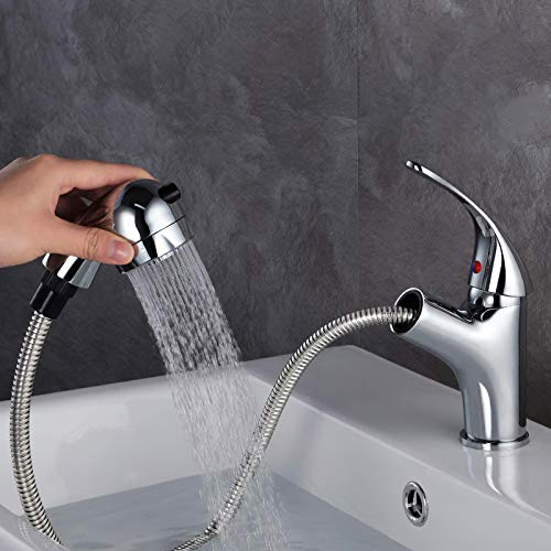 GAVAER Rubinetto da bagno con doccetta estraibile e due modalità di flusso d'acqua, per bagno lavabo o lavandino, miscelatore regolabile e caldo e freddo, cromato