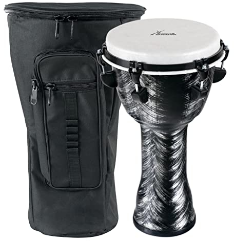 XDrum Djembe 10 Silver Brush Bag Set (aus PVC gefertigt, 6 Stimmschrauben, Kunststoff-Fell mit Natur-Optik, Höhe: 50cm, im Set inkl. passender Rucksacktasche für Transport und Aufbewahrung)