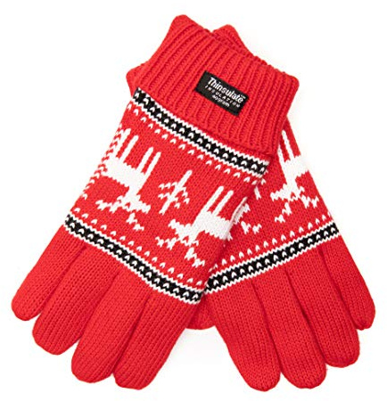 EEM Damen Strick Handschuhe X-Mas aus Baumwolle mit Thinsulate Thermofutter aus Polyester rot Hirsch L/XL