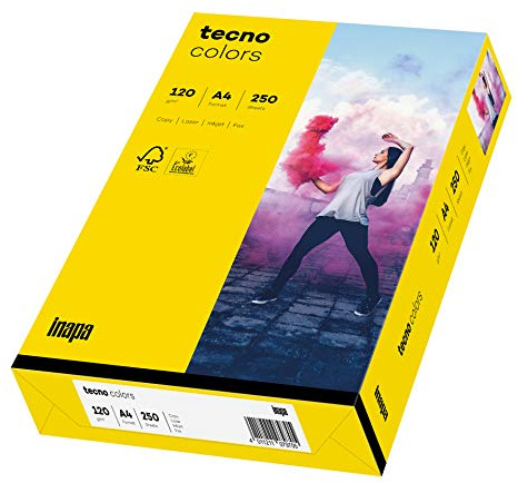 inapa färgat skrivarpapper, färgglatt papper tecno Colors: 120 g/m², A4, 250 ark, intensivgul