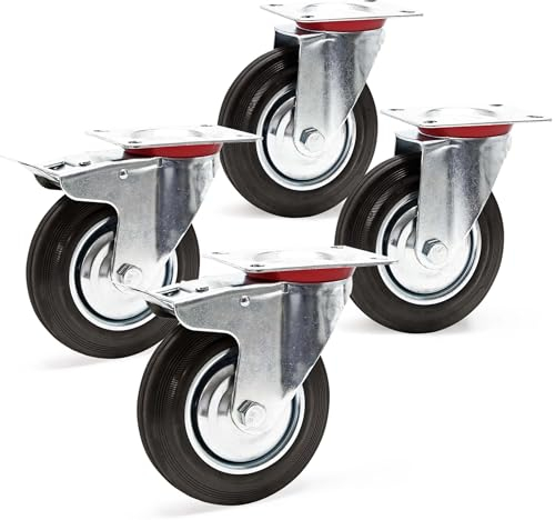 Wiltec Kit 4x Roulette – 2x Pivotantes double arrêt et 2x Pivotantes – Diamètre 200 mm – Capacité 150 kg/roue – Charge lourde, Caoutchouc plein Transport Meuble