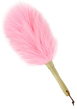 iHUFeather Lambswool Duster 14'' Length Solid Wooden Handle Leather Hang Strap for Cleaning Ceiling Fans Window Blinds Computer Furniture Figurines TV Natural Feather Duster,Pink