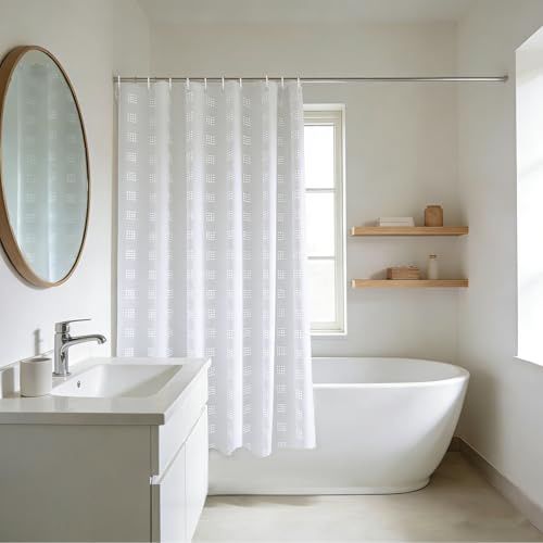 YISURE Duschvorhang Weiß Geometrisches Kurz schmal waschbar für Badezimmer | Polyester Kürzere Länge badevorhang badewannenvorhang Wasserabweisende mit Metalltüllen, Breite 150 x Höhe 150cm
