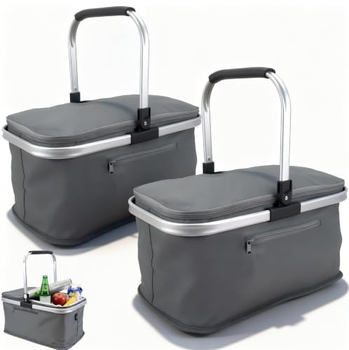 2 Stück KÜHL EINKAUFSKORB Thermo mit Deckel Kühlkorb Faltkorb Kühltasche Korb Thermokorb Kühlbox Isoliertasche GRAU