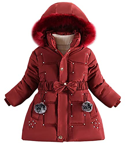 LSERVER Vêtements Fille Polaire Epaisse Doudoune avec Fourrure Col Capuche Mode Tunique Manteau Enfants Coupe-vent Chauds Veste pour Âge 5-13 Ans, Rouge, 130