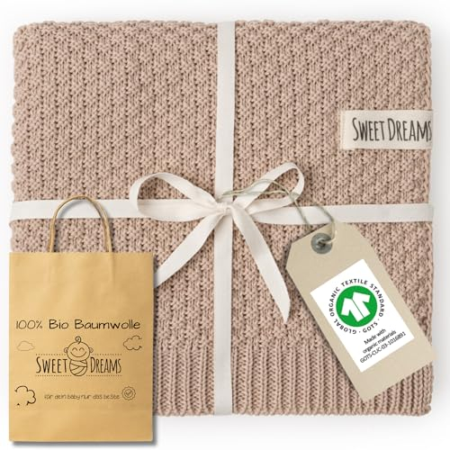Mikos Babydecke Bio Baumwolle-Weiche Strick Kuscheldecke GOTS 100% Baumwolle-Warme Baumwolldecke für Neugeborene - Perfekt für Baby Erstausstattung - Vielseitige Baby Winterdecke (1043 Beige)