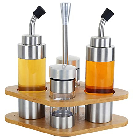 HERCHR Set di scatole per condimento da banco in Acciaio Inossidabile, 2 Set Dispenser Olio e Aceto, 2 Dispenser di condimenti con base in legno, Set di saliera e pepiera per cucina ristorante