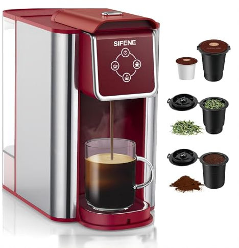SIFENE Single Serve Coffee Machine, 3-in-1 Pod Coffee Maker for K-Pod Capsule, Ground Coffee, and Leaf Tea with 6-10 oz Cup Size, 50 oz Removable Water Reservoir, Red