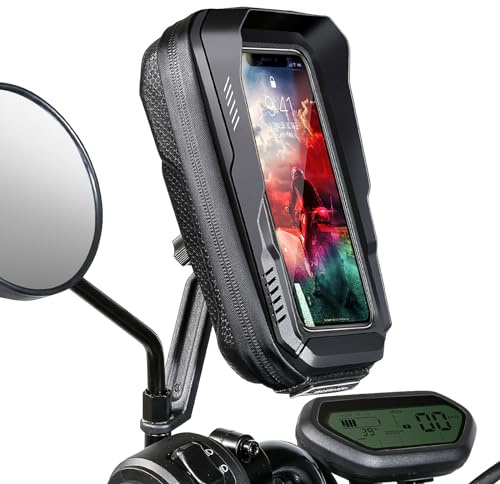 BKNOOU Motorcycle Phone Holder Waterproof Motorcycle Cell Phone Mount 360°Rotation Anti-Shake Upgrade Sun Visor Rain Cover Rearview Mirror Phone Holder Motorbike for Smartphone 4.5 to 6.9