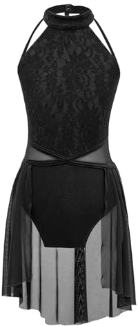 inlzdz Kids Girls Lace Floral Straps Back Ballet Lyrical Dance Dress Stage Performance Costume Leotard Tutu Skirt Black Lace 13-14 Years