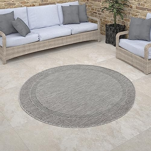 Paco Home Outdoor Teppich rund wetterfest & pflegeleicht Flachgewebe in Sisal-Optik mit Bordüre UV-beständig Modern für Balkon, Terrasse, Garten, Wohnzimmer, Grösse:120 cm Rund, Farbe:Grau 2