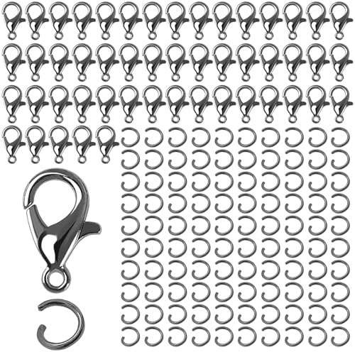 Chiusure per braccialetti,Chiusure per collane,Ganci per collane DIY,Chiusure collane,Gancetti per collane,Chiusure per gioielli,50pcs Chiusure Moschettone+100pcs Aperto Anelli Salto(Grigio-nero)