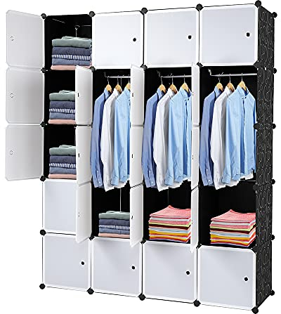 TactFire Kleiderschrank aus Kunststoff, 20 Würfel, Modulare Kleiderschränke für Platzsparendes, Kinderkleiderschrank, Garderobenschrank, Aufbewahrung von Kleidung, Schuhen, 140 x 45 x 175cm, Weiße Tür